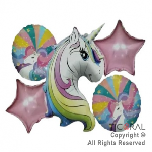 SET DE GLOBOS METALIZADO UNICORNIO ARCO IRIS 5 UNIDADES X 1